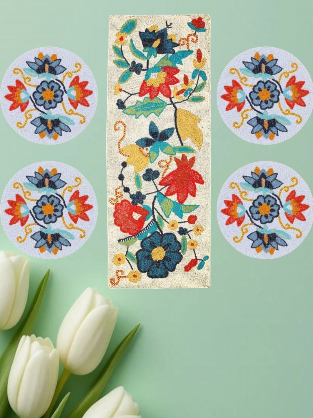 YWULY 5-Pcs White & Red Floral Embellished Table Linen Set-picture-41