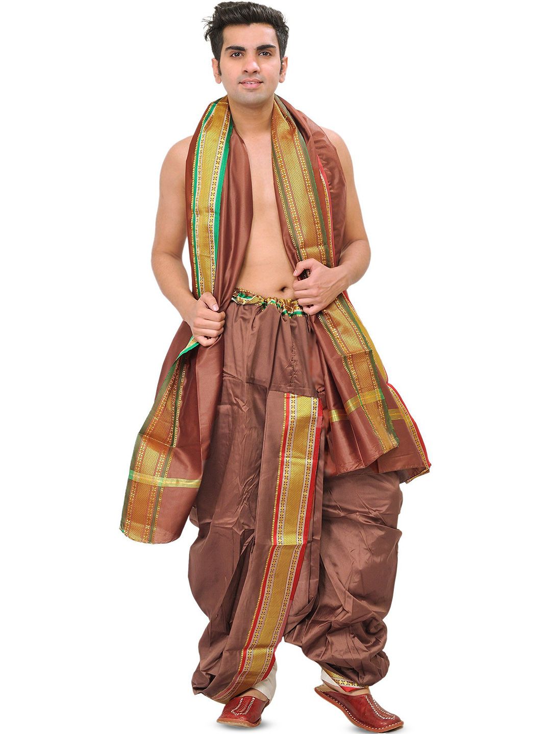 Exotic India Men Art Silk Ready to Wear Dhoti and Veshti Set with Woven Golden Border-image-2