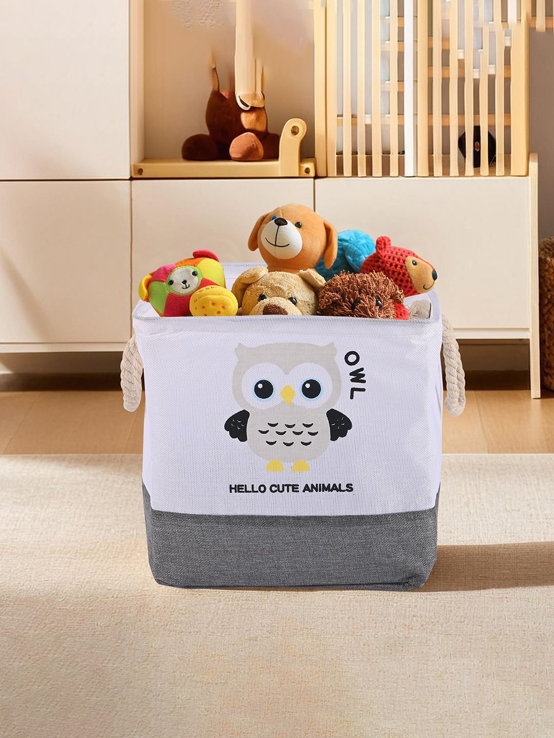 Aura White & Grey Owl Printed Drawer Storage Basket with Handle-picture-27