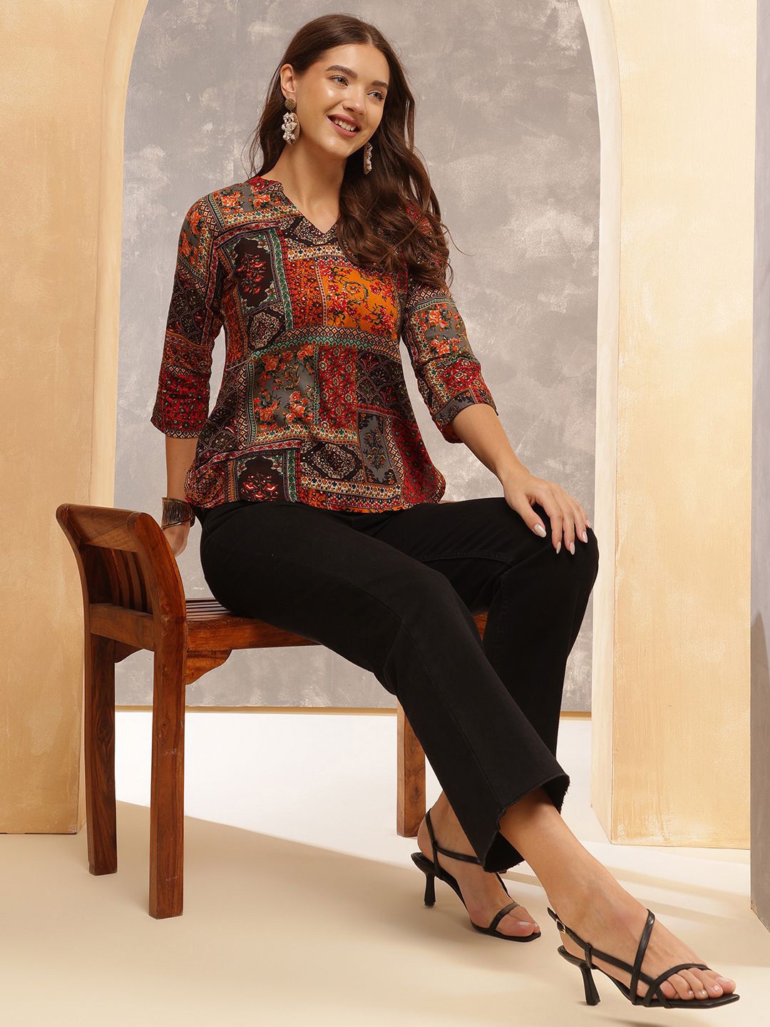Anouk Rustic Print Mandarin Collar Top-image-2