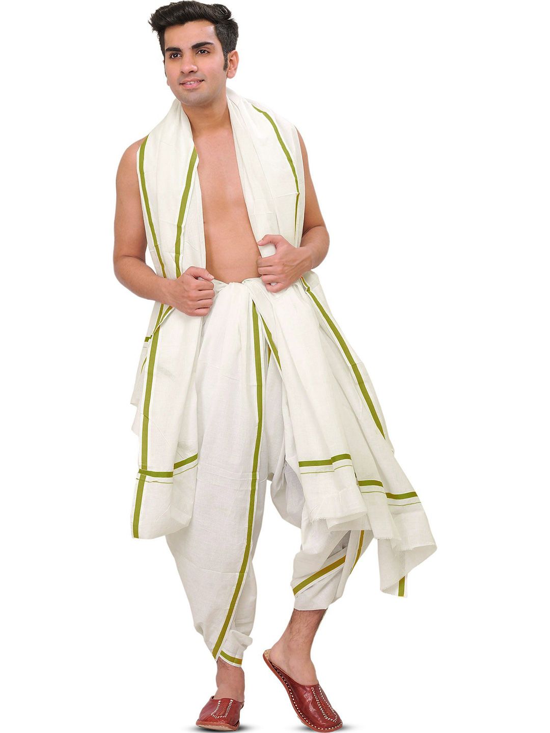 Exotic India Men Pure Cotton Plain Dhoti and Angavastram Set with Striped Border-picture-20