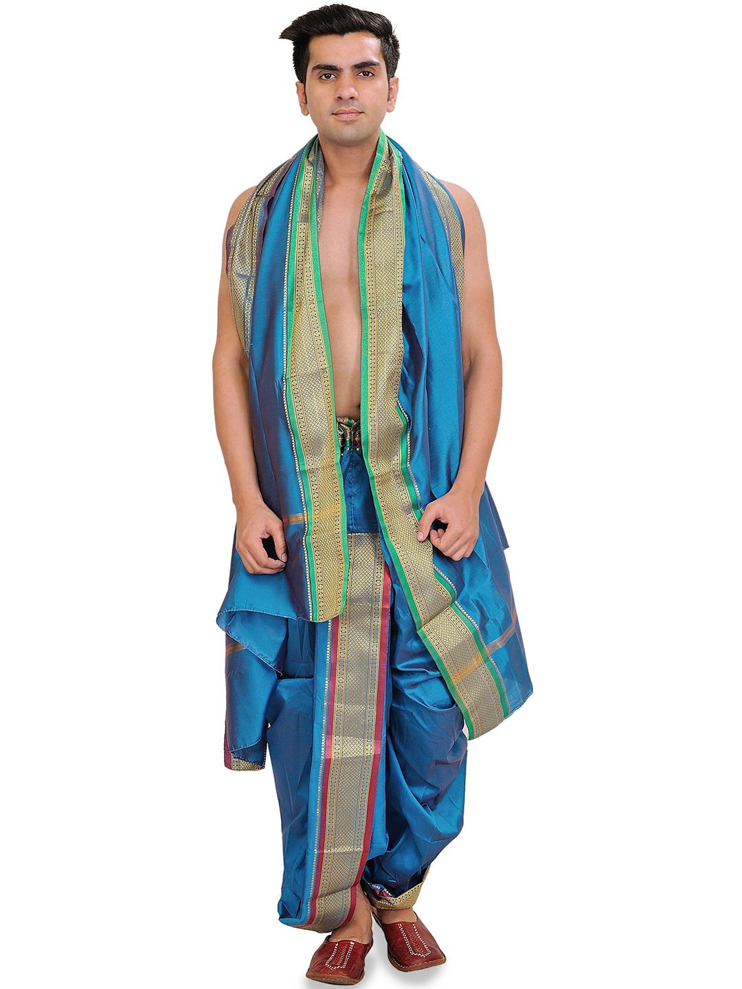 Exotic India Printed Ready to Wear Dhoti Pants and Veshti Set with Woven Golden Border-picture-56