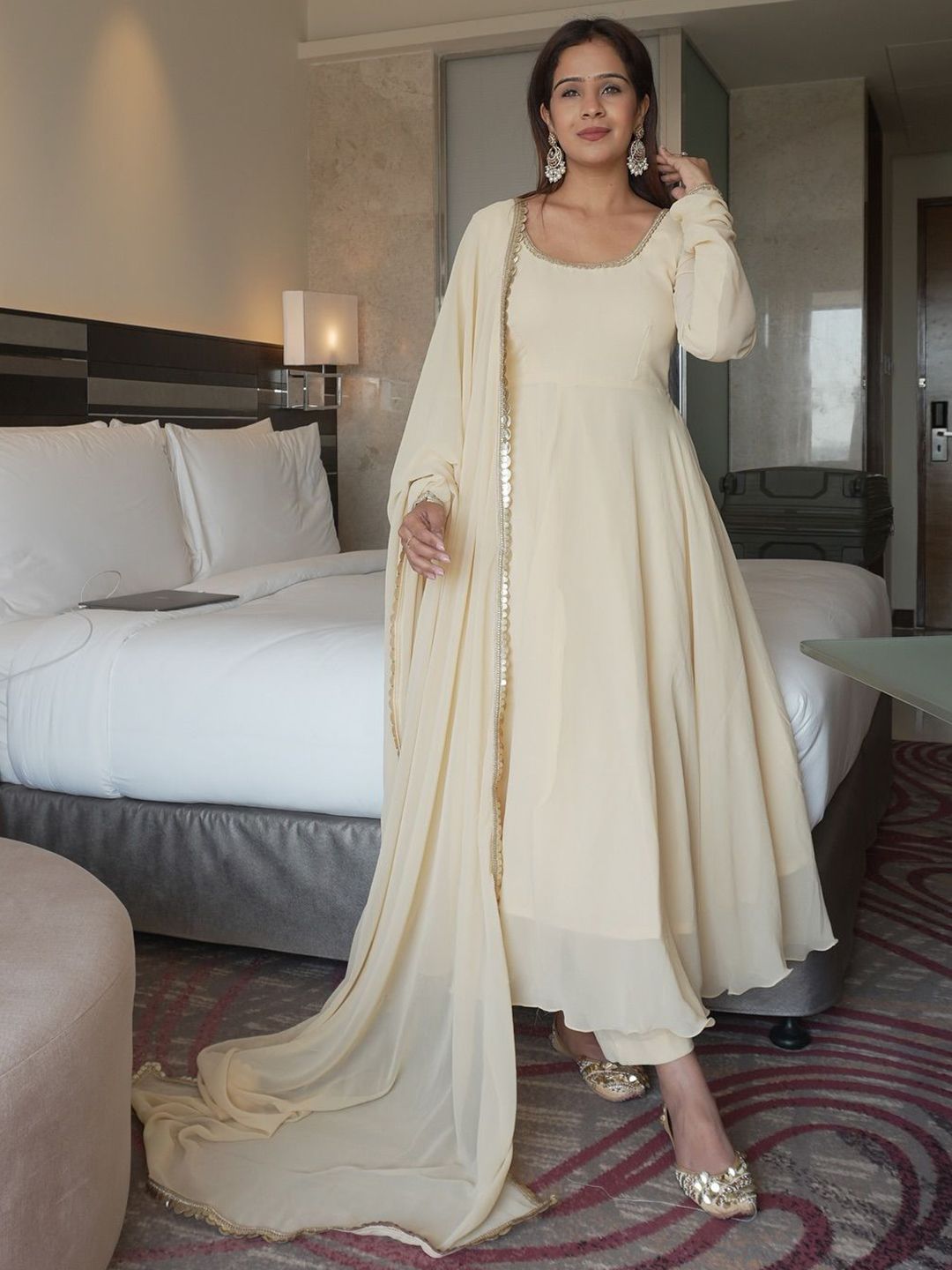 Growdamy Round Neck Georgette Kurta With Trousers & Dupatta