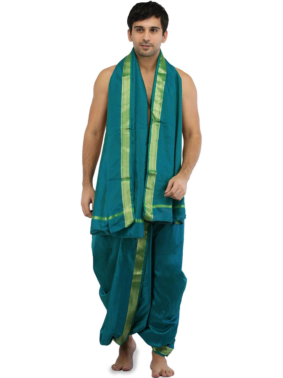 Exotic India Art Silk Woven Golden Border Ready to Wear Dhoti and Angavastram Set-picture-32