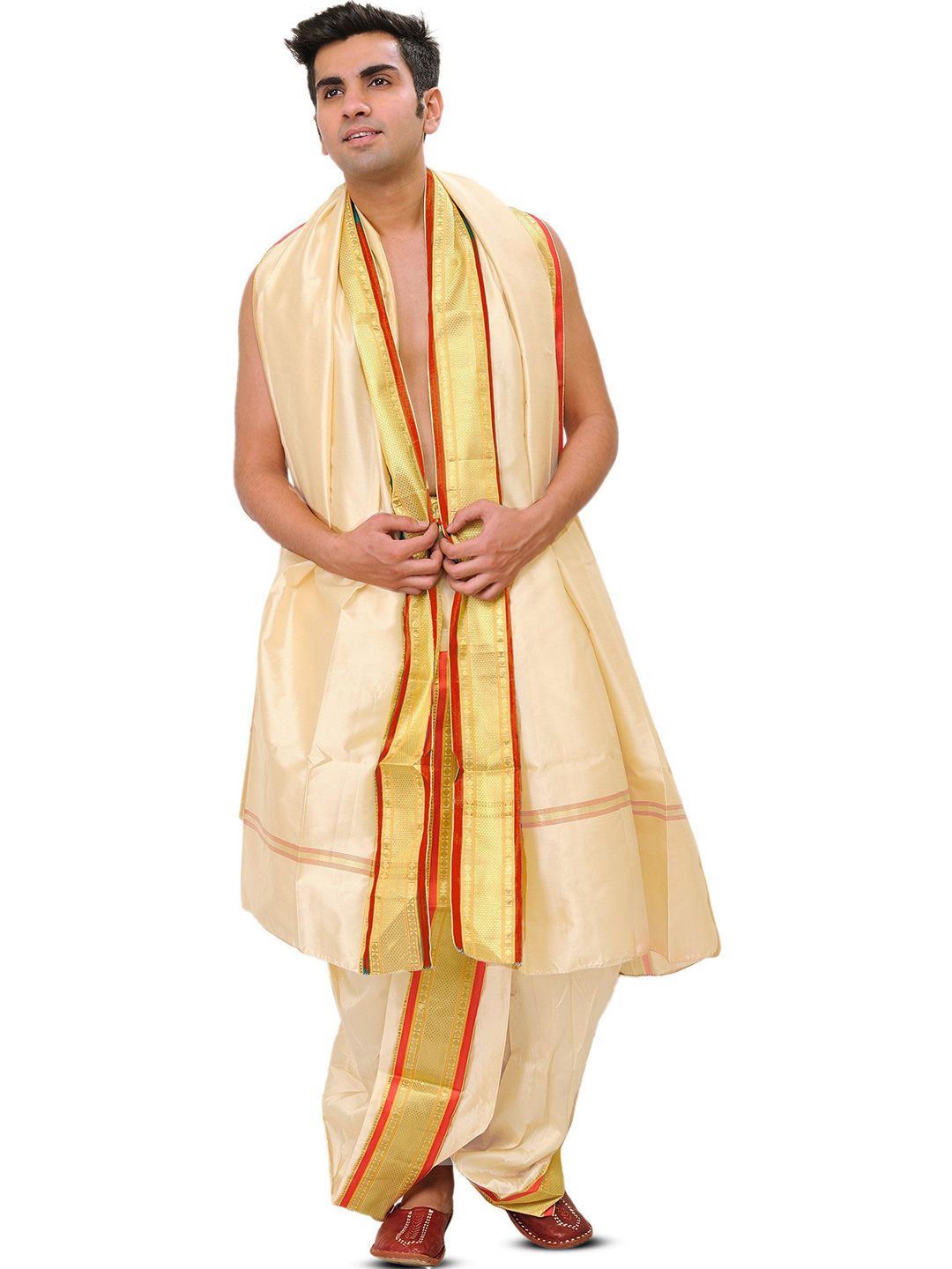 Exotic India Art Silk Ready to Wear Dhoti and Veshti Set with Woven Golden Border-picture-44