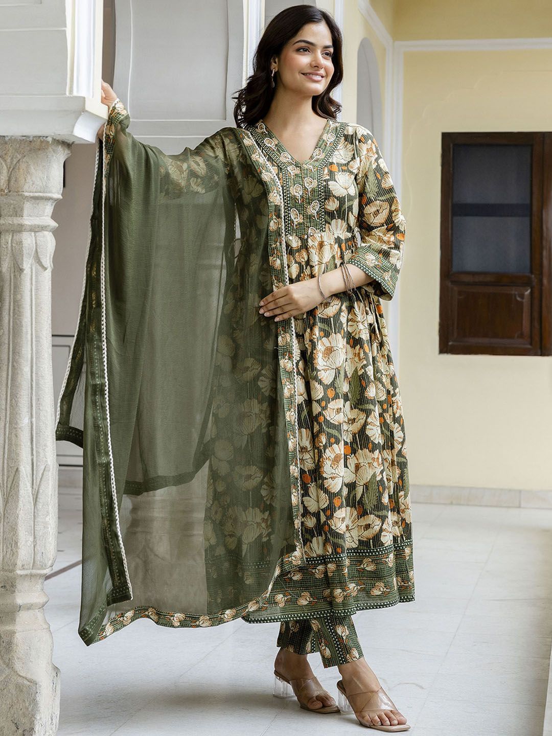 Anouk Women Floral Embroidered Cotton Kurta with Pyjama & Dupatta
