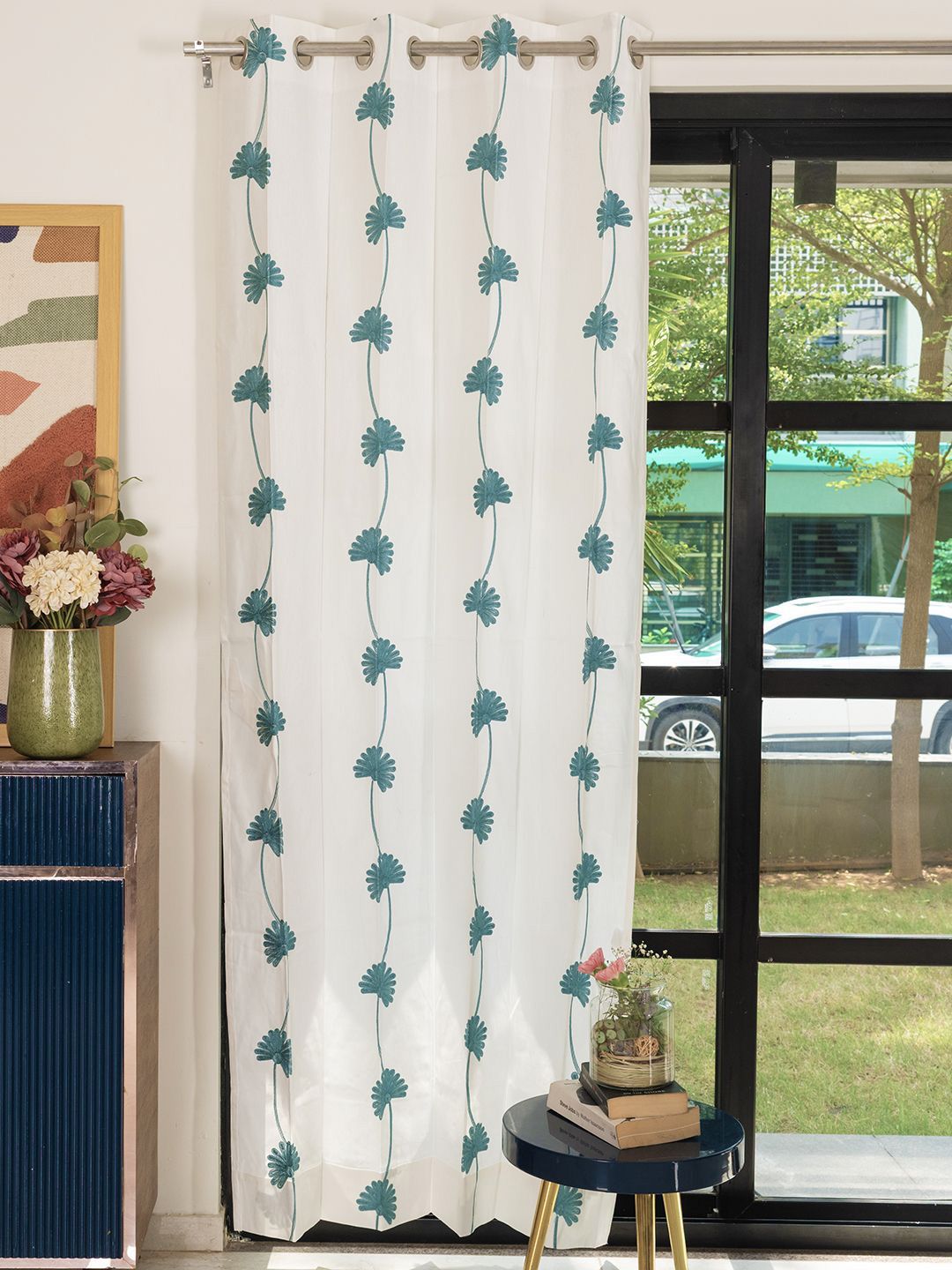 URBAN SPACE Teal & White Embroidered Cotton Long Door Curtain-picture-33