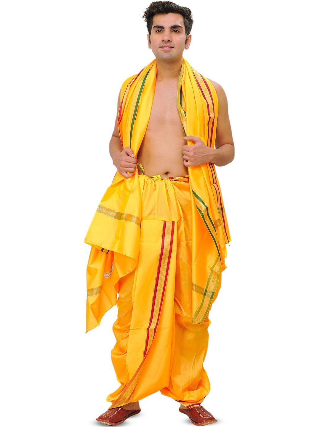 Exotic India Art Silk Ready to Wear Dhoti and Angavastram Set with Woven Golden Border-picture-50