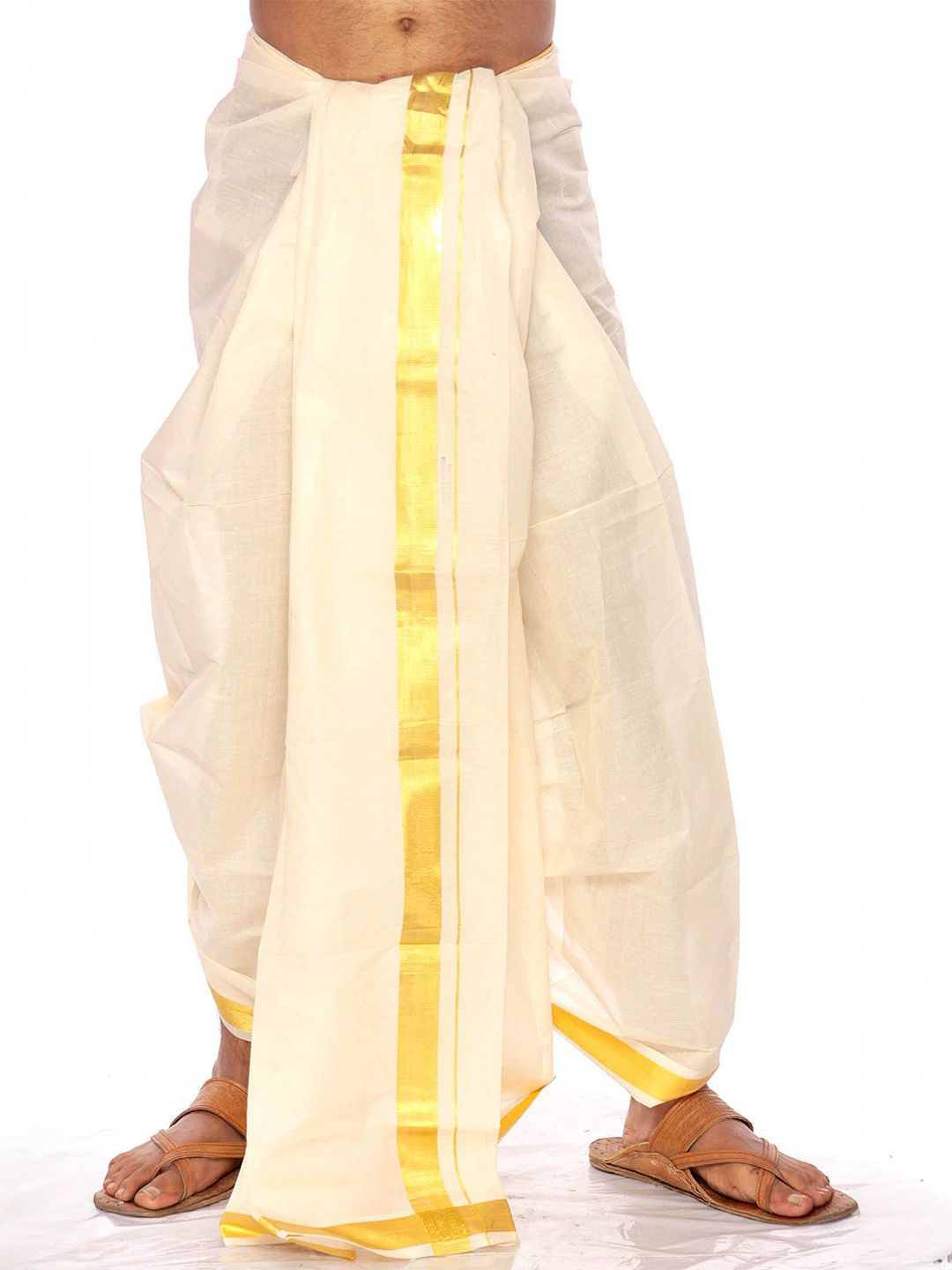 Exotic India Pure Cotton Off-White Kasavu Dhoti from Kerala with Wide Golden Woven Border-image-2