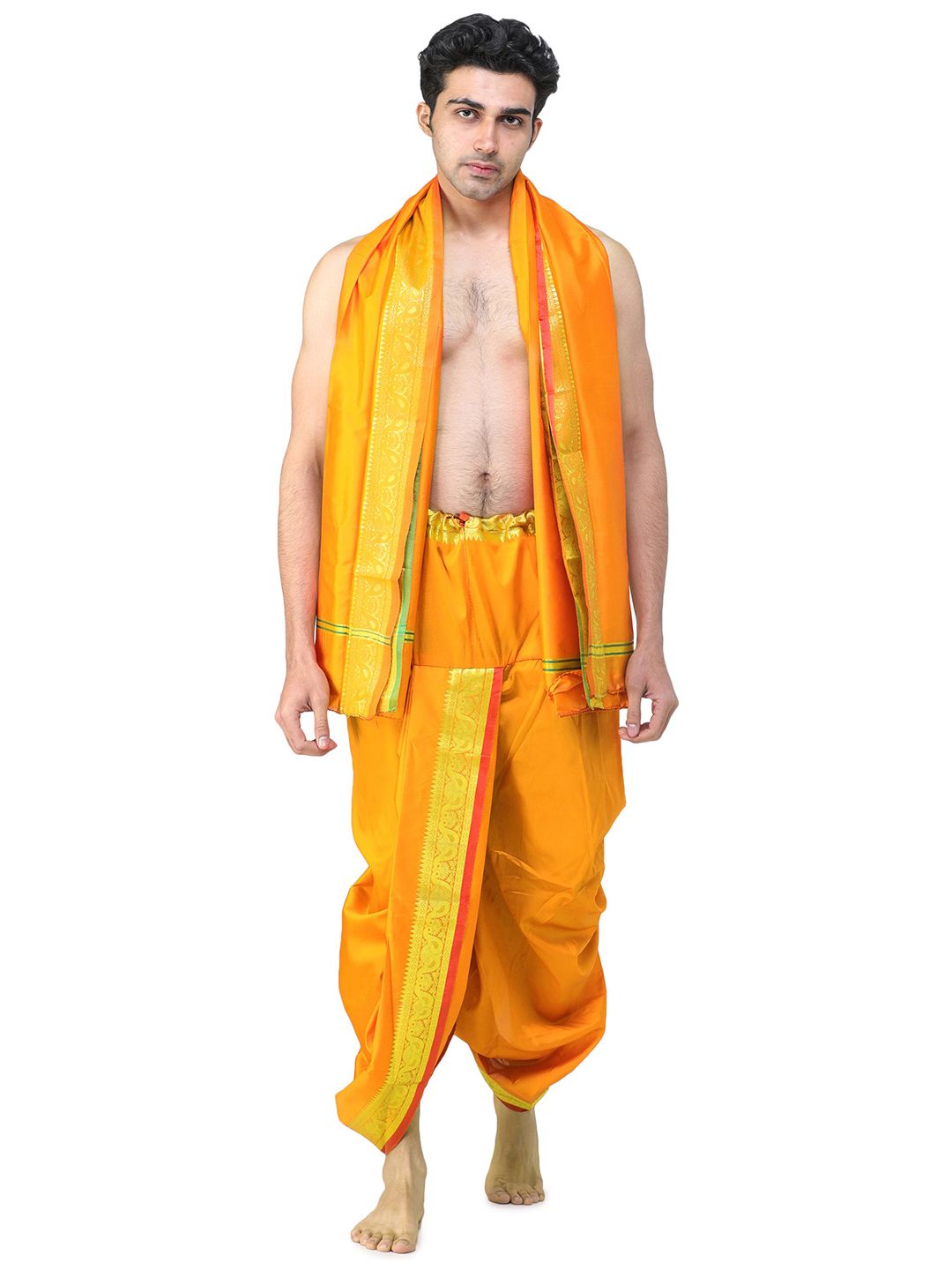 Exotic India Men Ready to Wear Dhoti and Angavastram Set with Woven Golden Leaves Border-picture-31