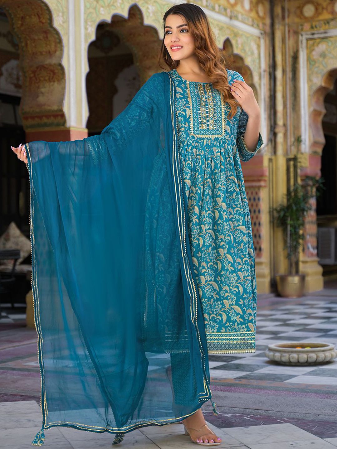 Divena Women Floral Embroidered Pure Cotton Kurta with Trousers & Dupatta