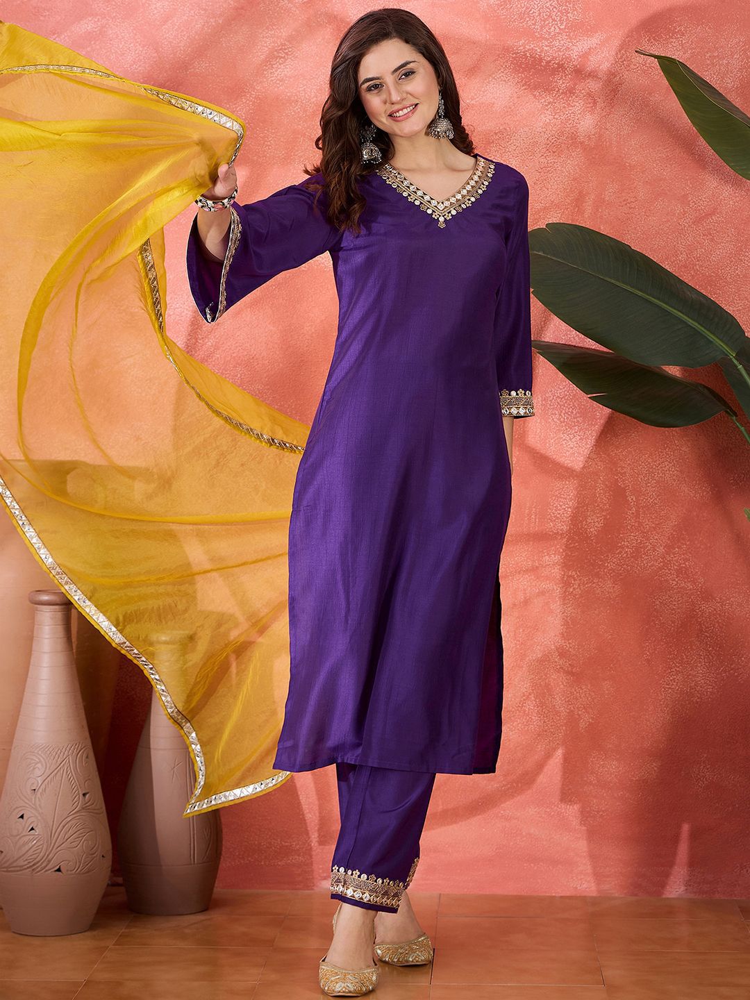Sangria Floral Yoke Deisgn V Neck Zari Straight Kurta & Trousers With Dupatta