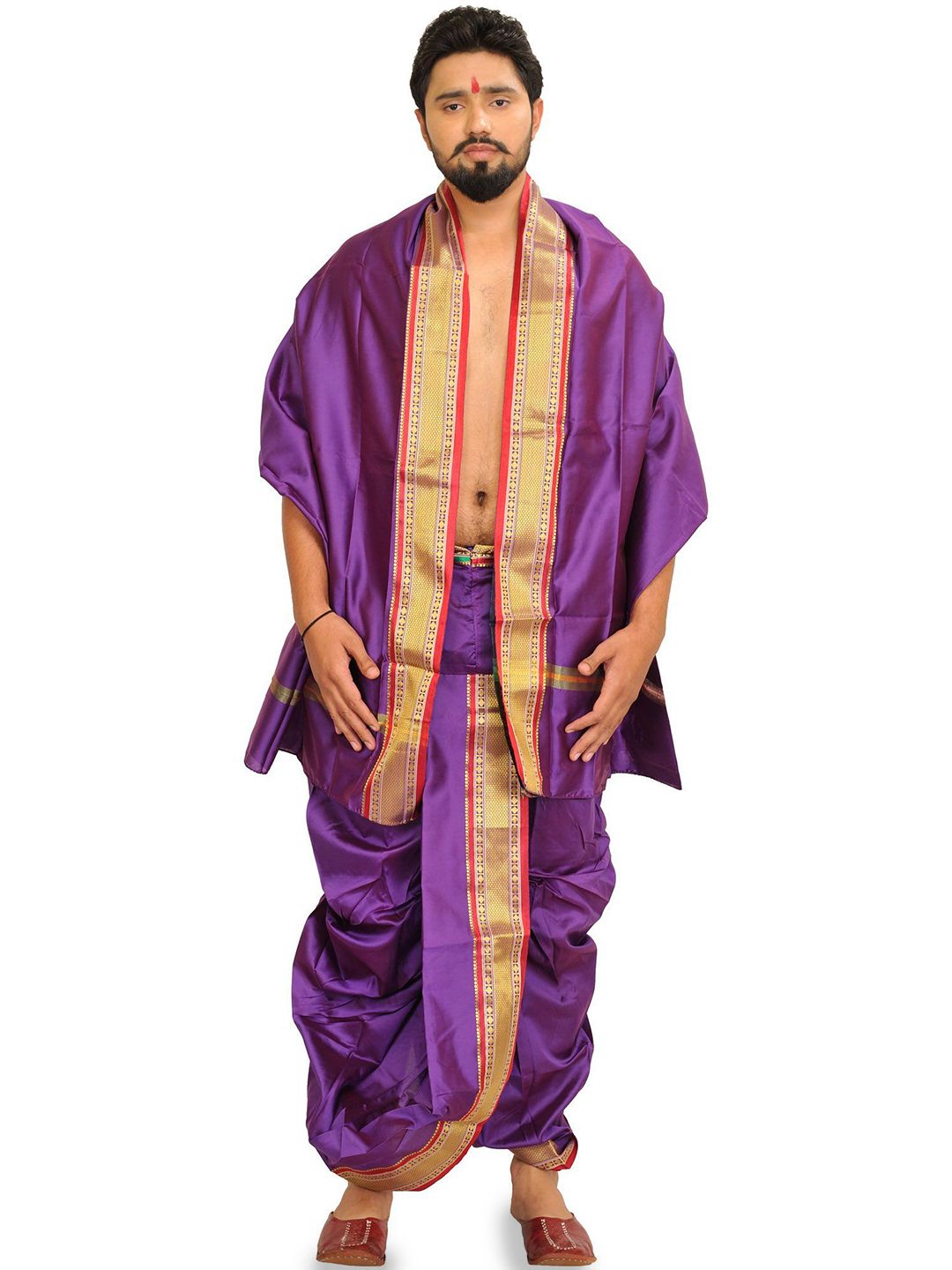 Exotic India Art Silk Ready to Wear Dhoti and Veshti Set with Woven Golden Border-picture-34