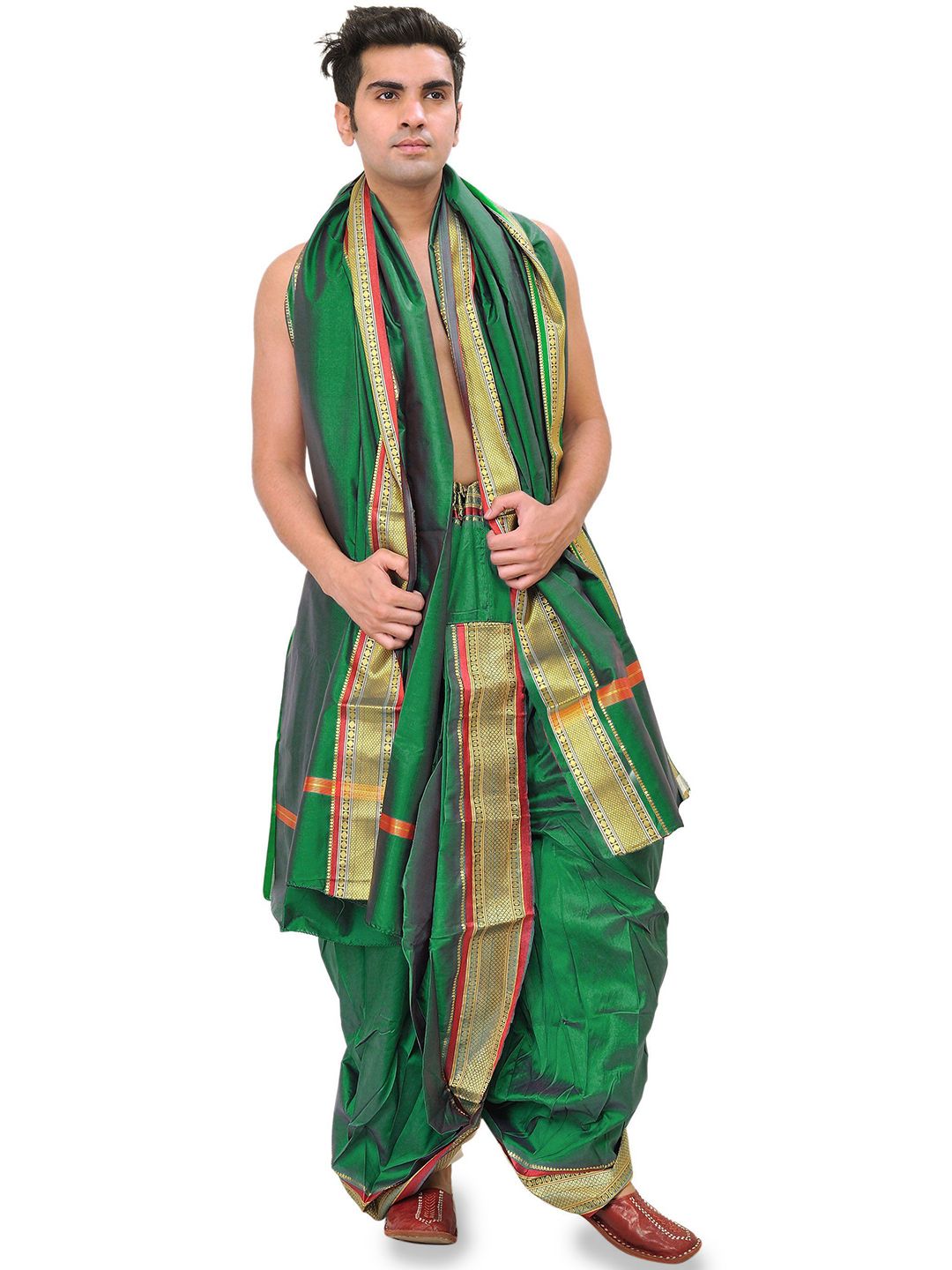 Exotic India Men Art Silk Ready to Wear Dhoti and Veshti Set with Woven Golden Border-picture-37