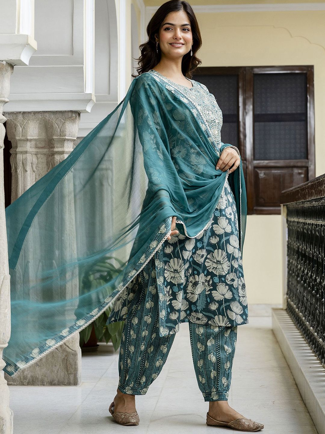 Anouk Women Floral Embroidered Cotton Kurta with Patiala & Dupatta