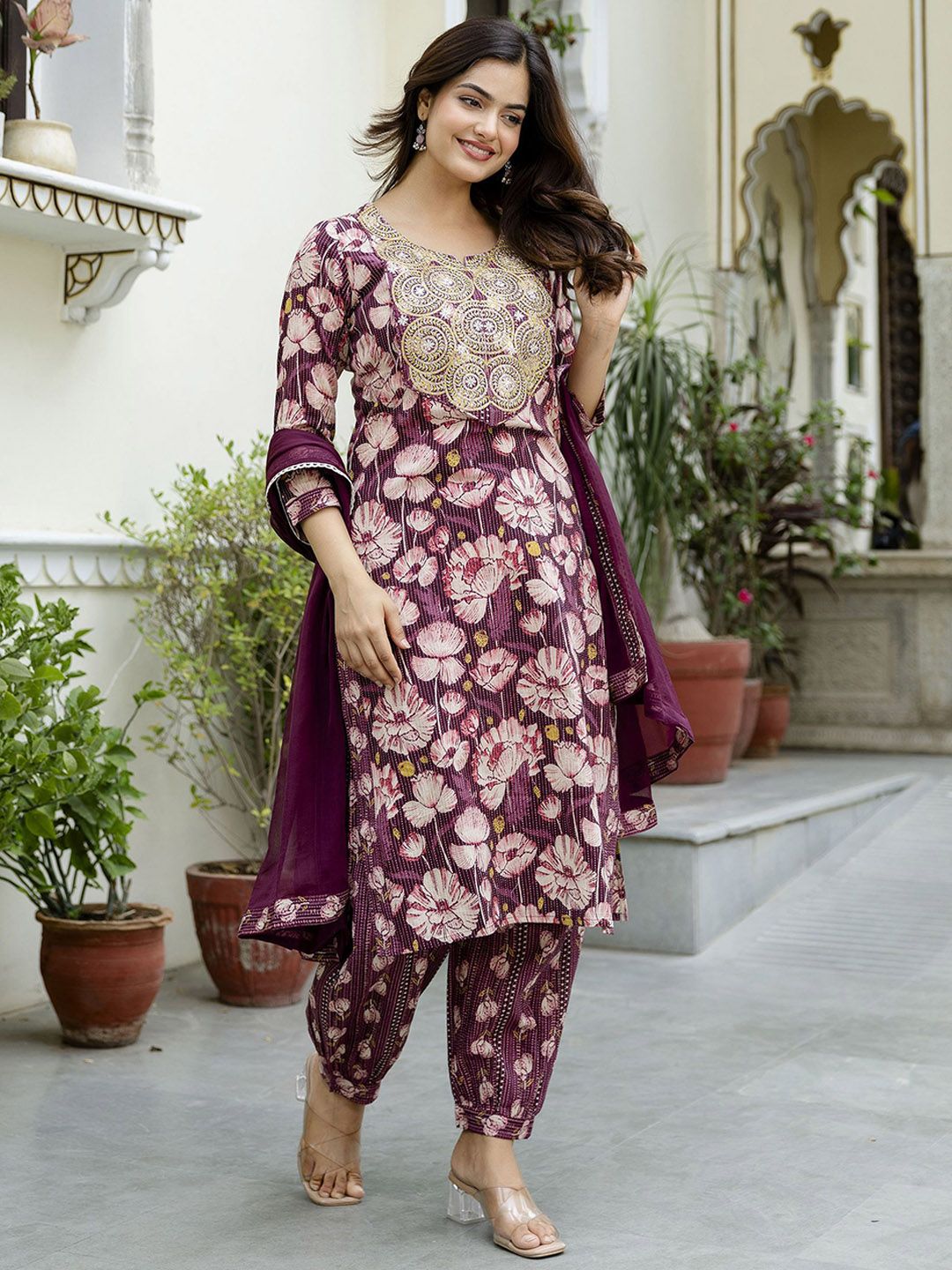 EthniFlair Women Floral Embroidered Empire Aari Work Kurta with Patiala & With Dupatta