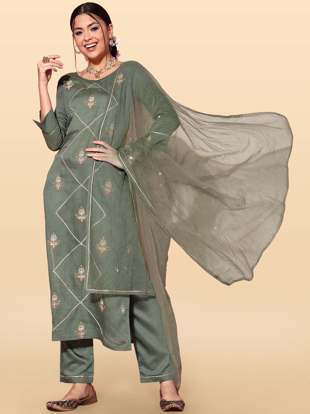 Anouk Rustic Women Floral Embroidered Kurta with Trousers & Dupatta