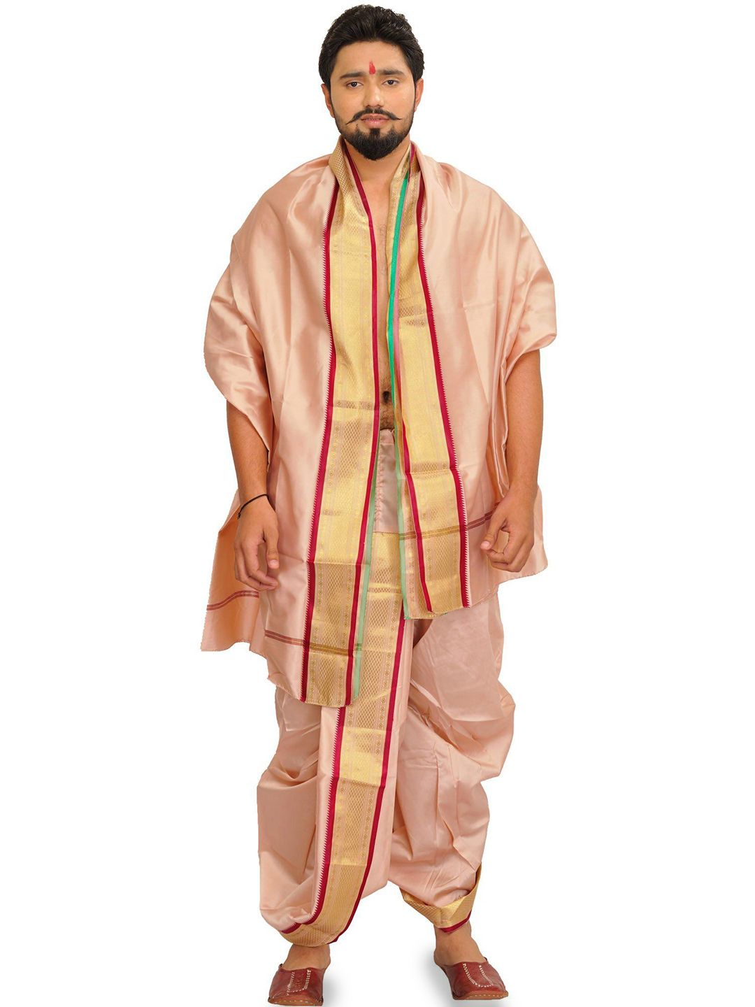 Exotic India Ready to Wear Dhoti and Veshti Set with Woven Golden Border-picture-36