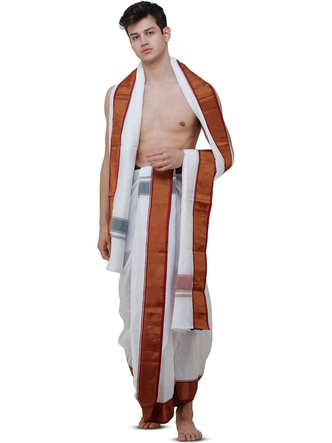 Exotic India Men Solid Cotton Silk Regular Dhoti and Veshti Set-picture-14