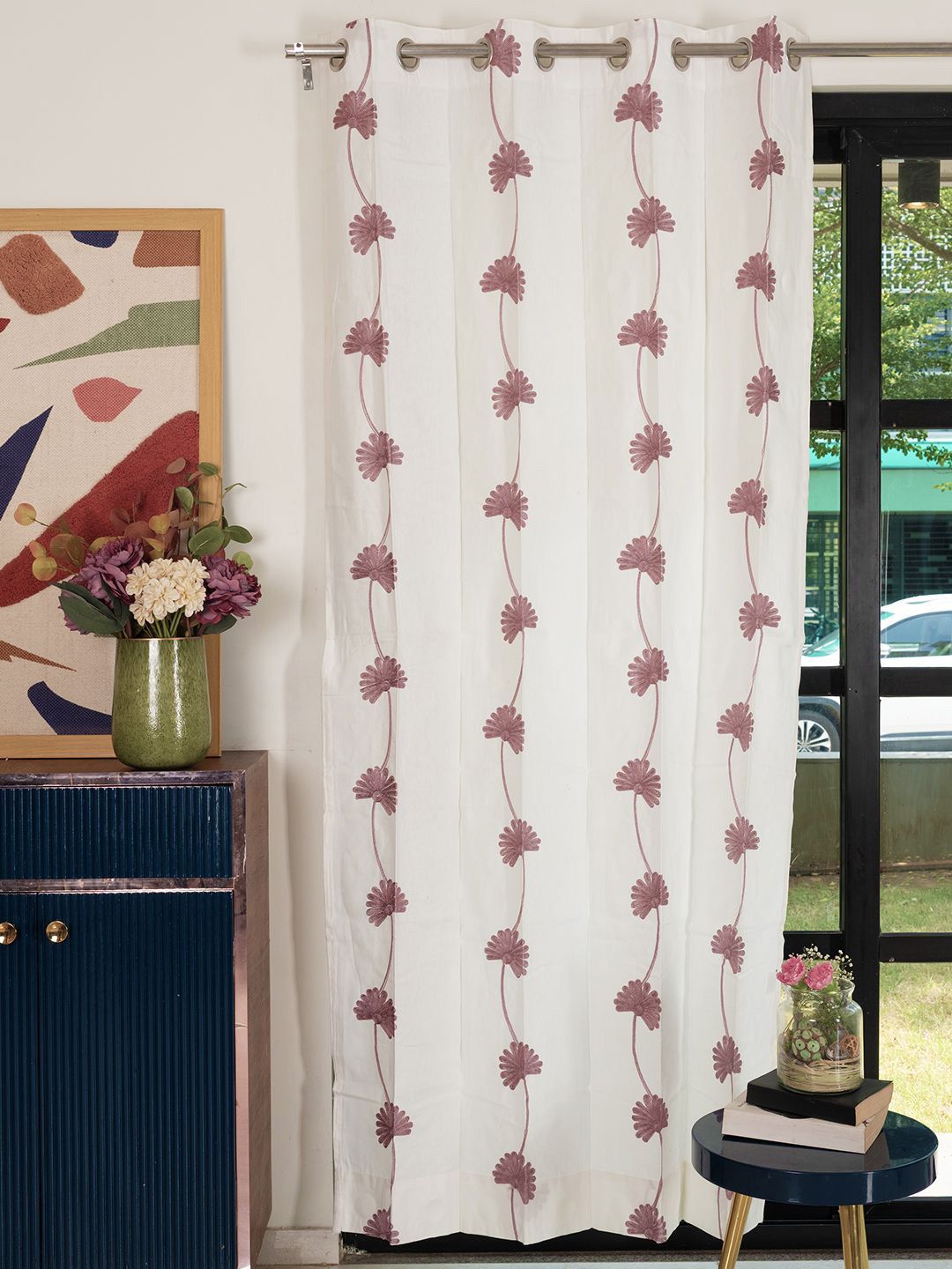 URBAN SPACE Mauve & White Embroidered Cotton Door Curtain-image-9