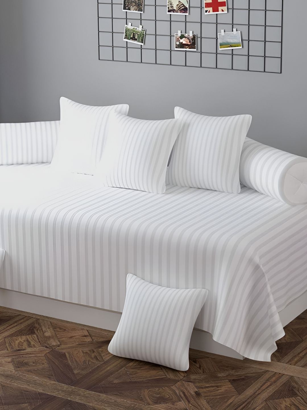 Aura 8Pcs White & Grey Striped Cotton Diwan Set-picture-56