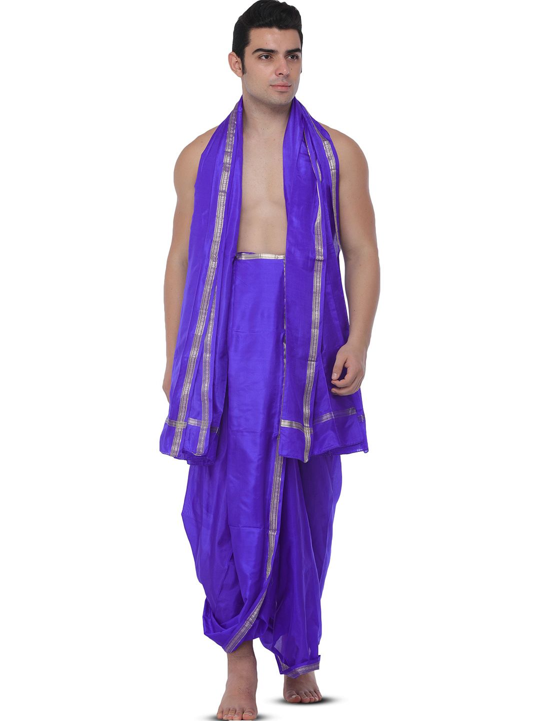 Exotic India Men Traditional Dhoti and Angavastram set for Puja with Golden Thread Weave-image-18