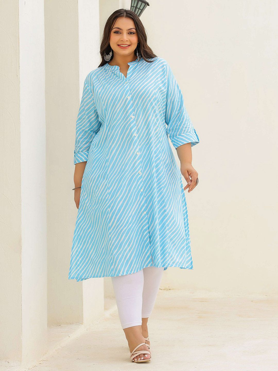 FLAVIA CREATION Plus Size Leheriya Printed Mandarin Collar Straight Cotton Kurta-picture-15