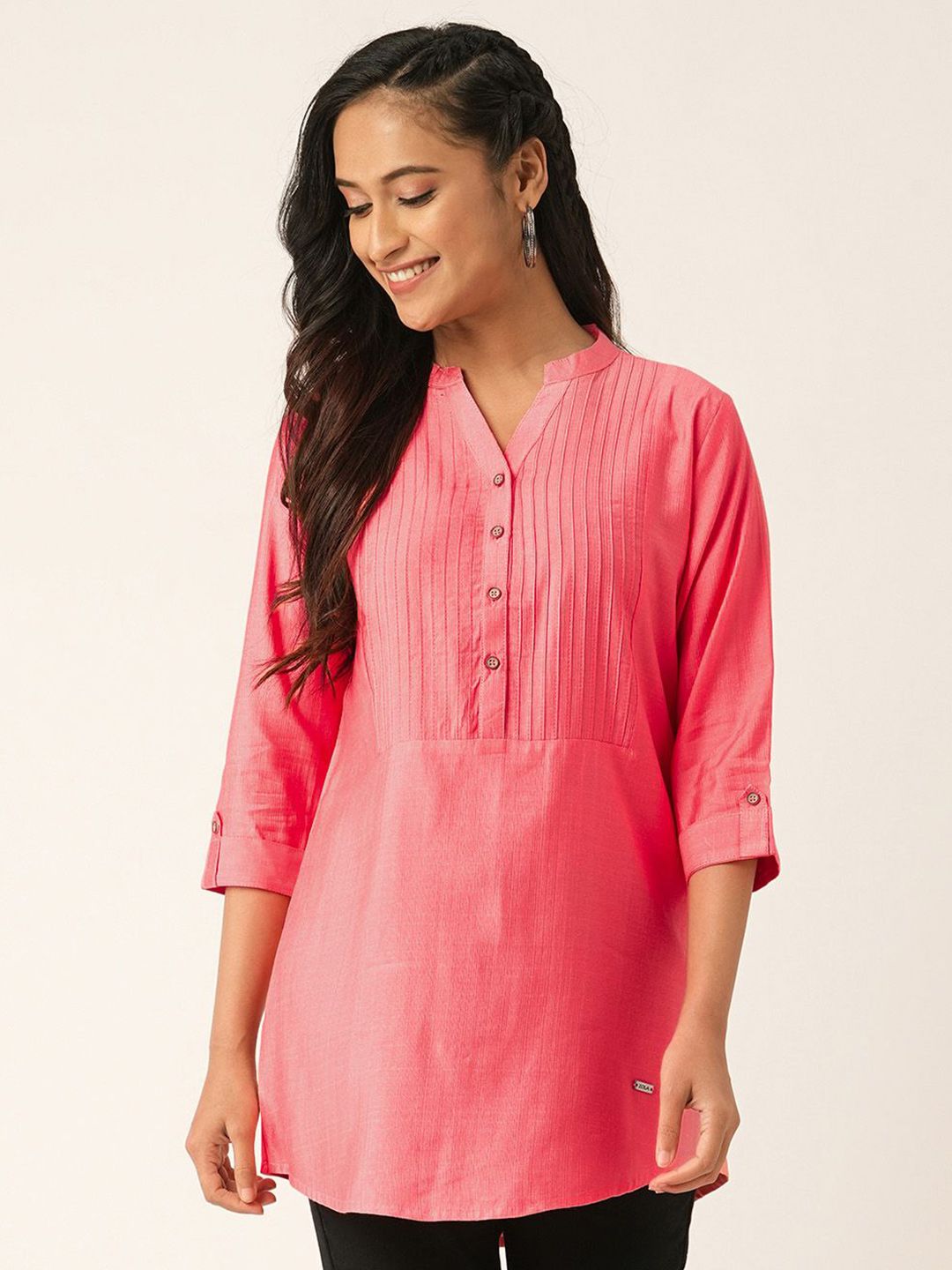 ZOLA Exclusive Mandarin Collar Rayon Solid Coral Straight Kurti-image-3