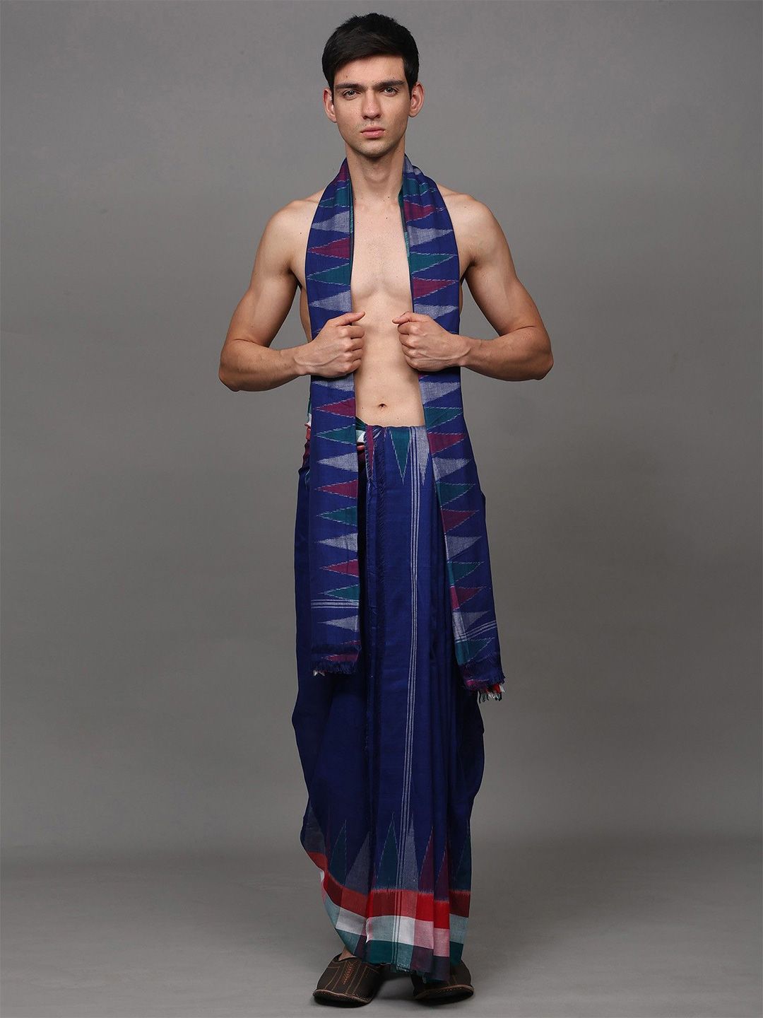 Exotic India Men Pure Cotton Dhoti and Angavastram Set with Woven Temple Border-picture-33