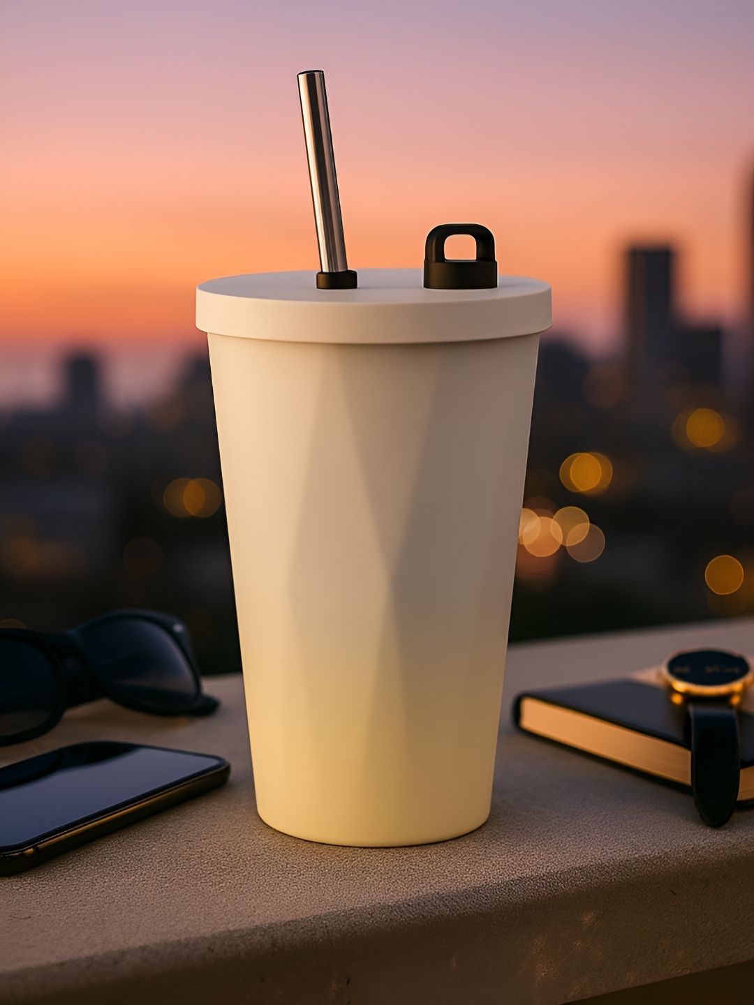 Myntra Elegant Homes Yellow Stainless Steel Retractable Straw Hot & Cold Beverages Tumbler-image-2