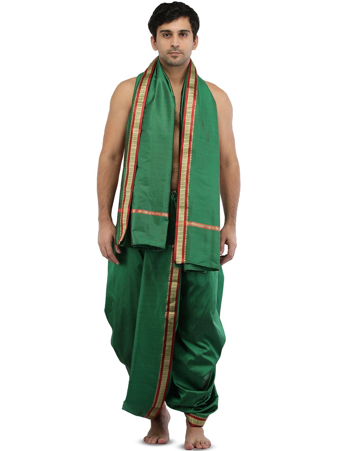 Exotic India Men Art Silk Ready to Wear Dhoti and Angavastram Set with Woven Golden Border-picture-25
