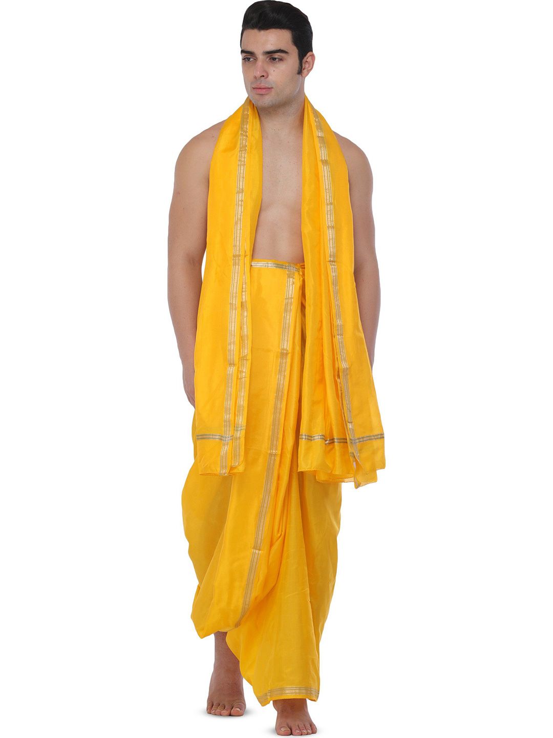 Exotic India Men Pure silk Dhoti and Angavastram set for Puja with Golden Thread Weave-picture-19