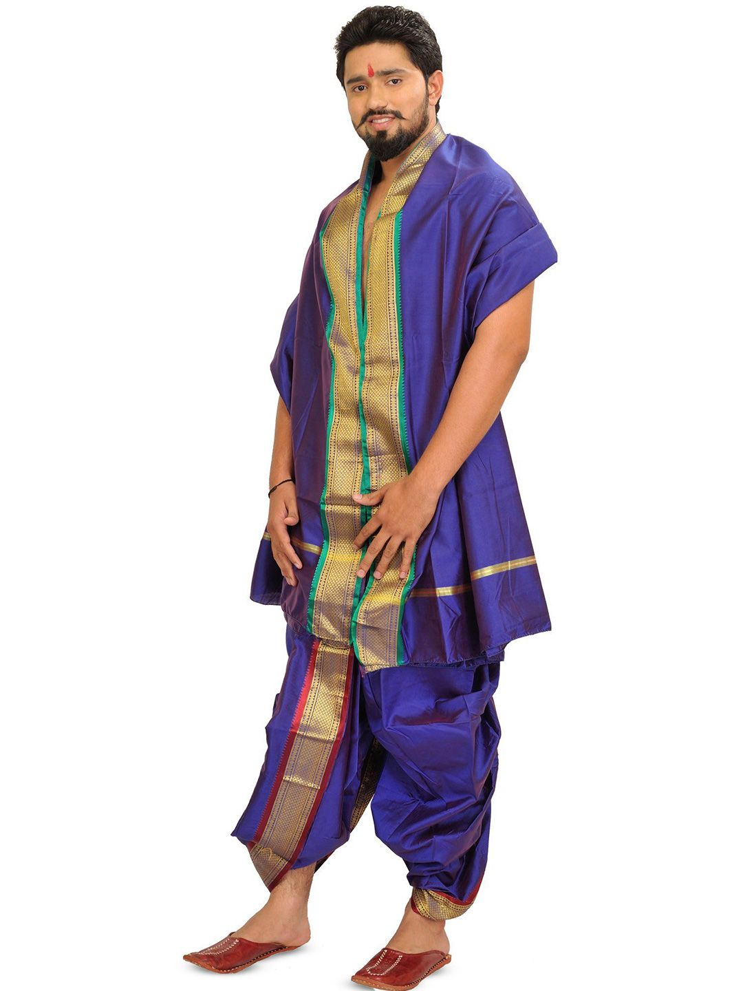 Exotic India Men Art Silk Ready to Wear Dhoti and Veshti Set with Woven Golden Border-picture-40