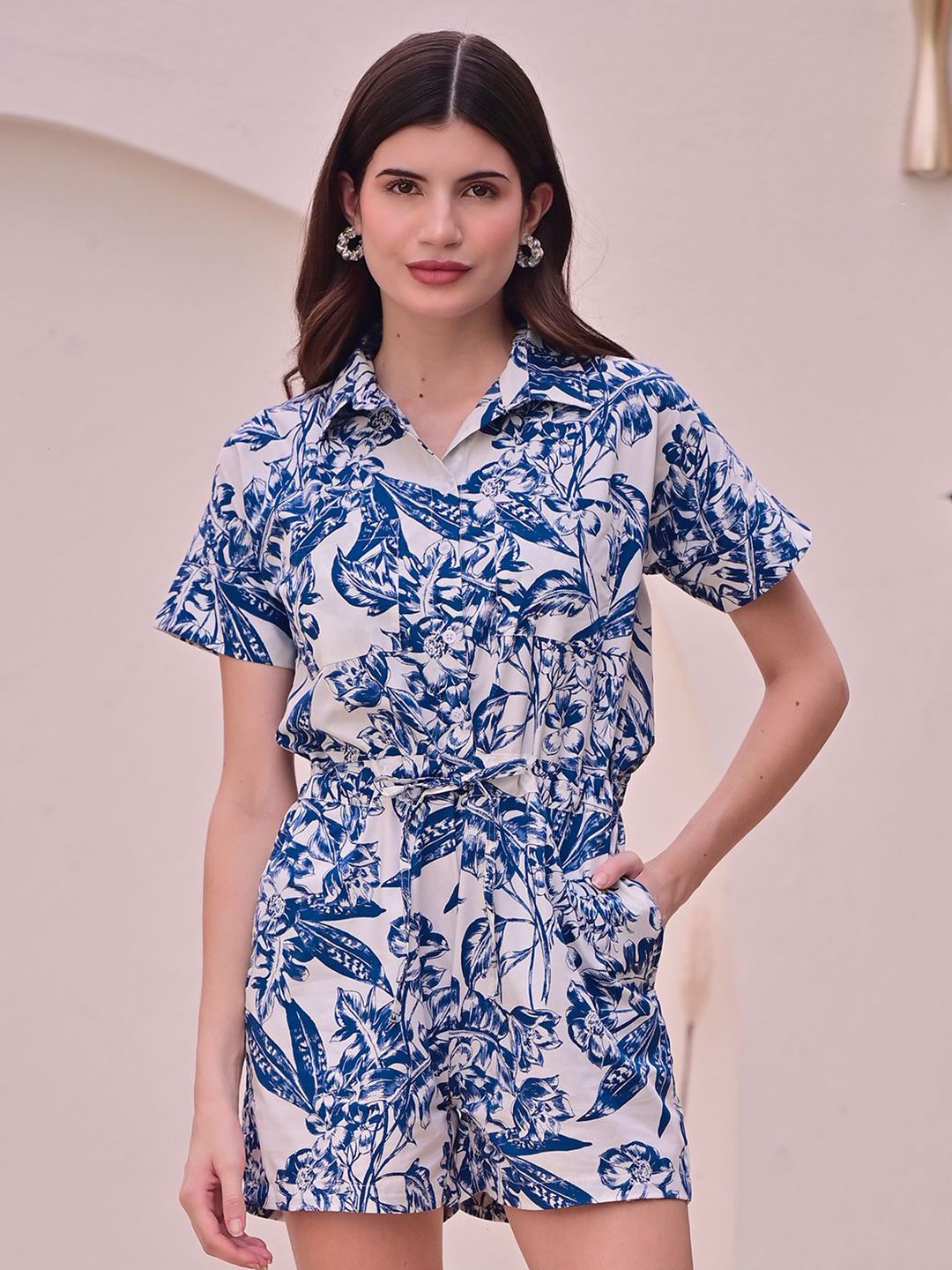 DL Woman Printed Shirt Collar Waist Tie-Ups Jumpsuit-image-44