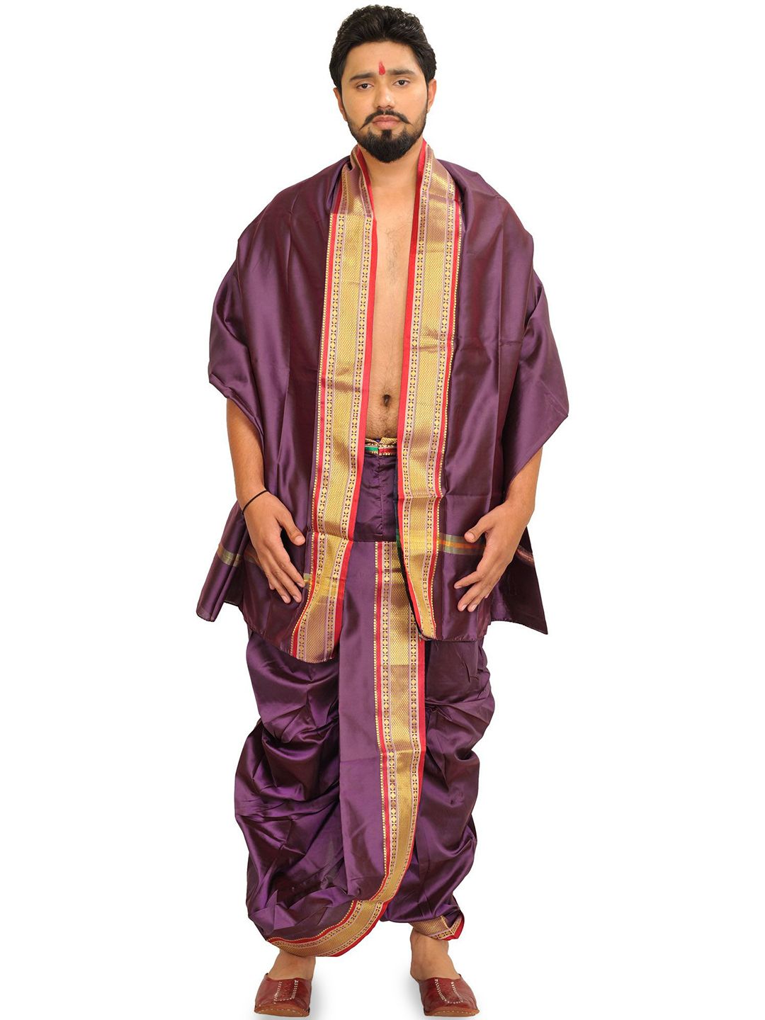 Exotic India Art Silk Ready to Wear Dhoti and Veshti Set with Woven Golden Border-picture-33