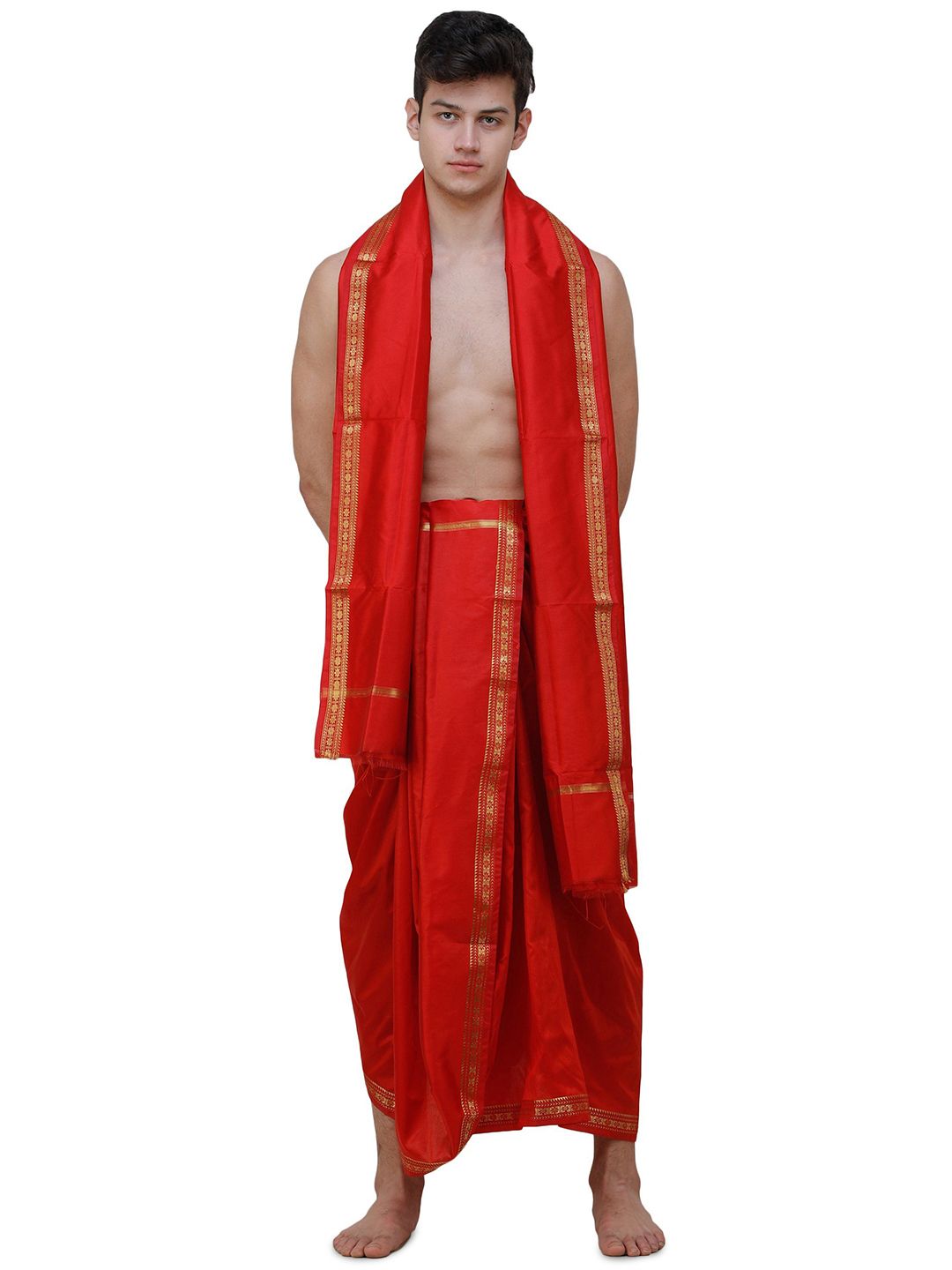 Exotic India Men Art Silk Dhotis with Golden Woven Paisley on Border-picture-17