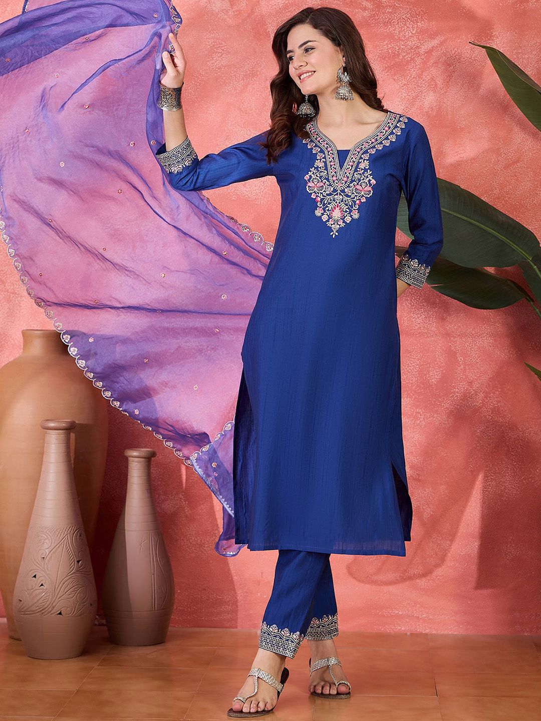 Sangria Women Embroidered Zari Mirror Work Kurta Pant with Dupatta Set