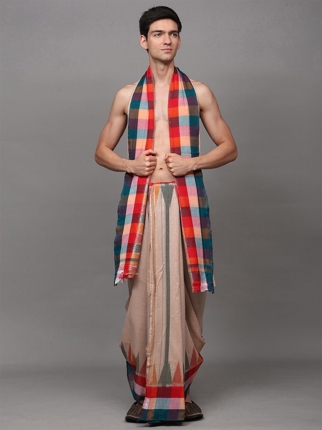 Exotic India Men Pure Cotton Dhoti and Angavastram Set with Woven Temple Border-picture-13