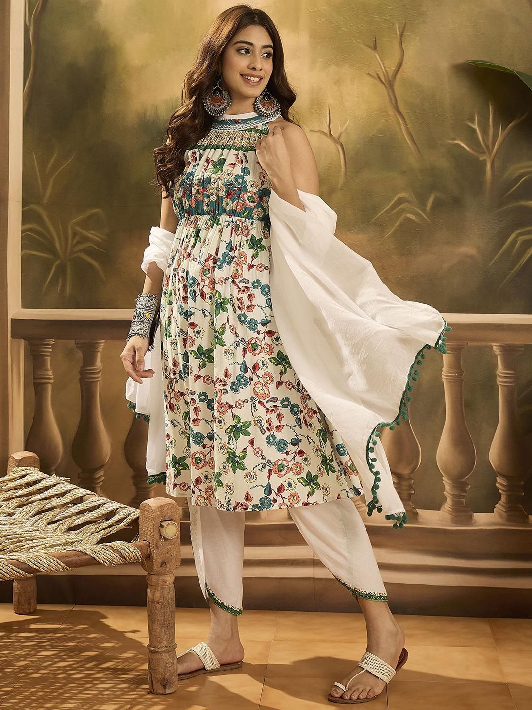 Sangria Women Floral Printed Cotton Kurta with Dhoti Pant & Dupatta