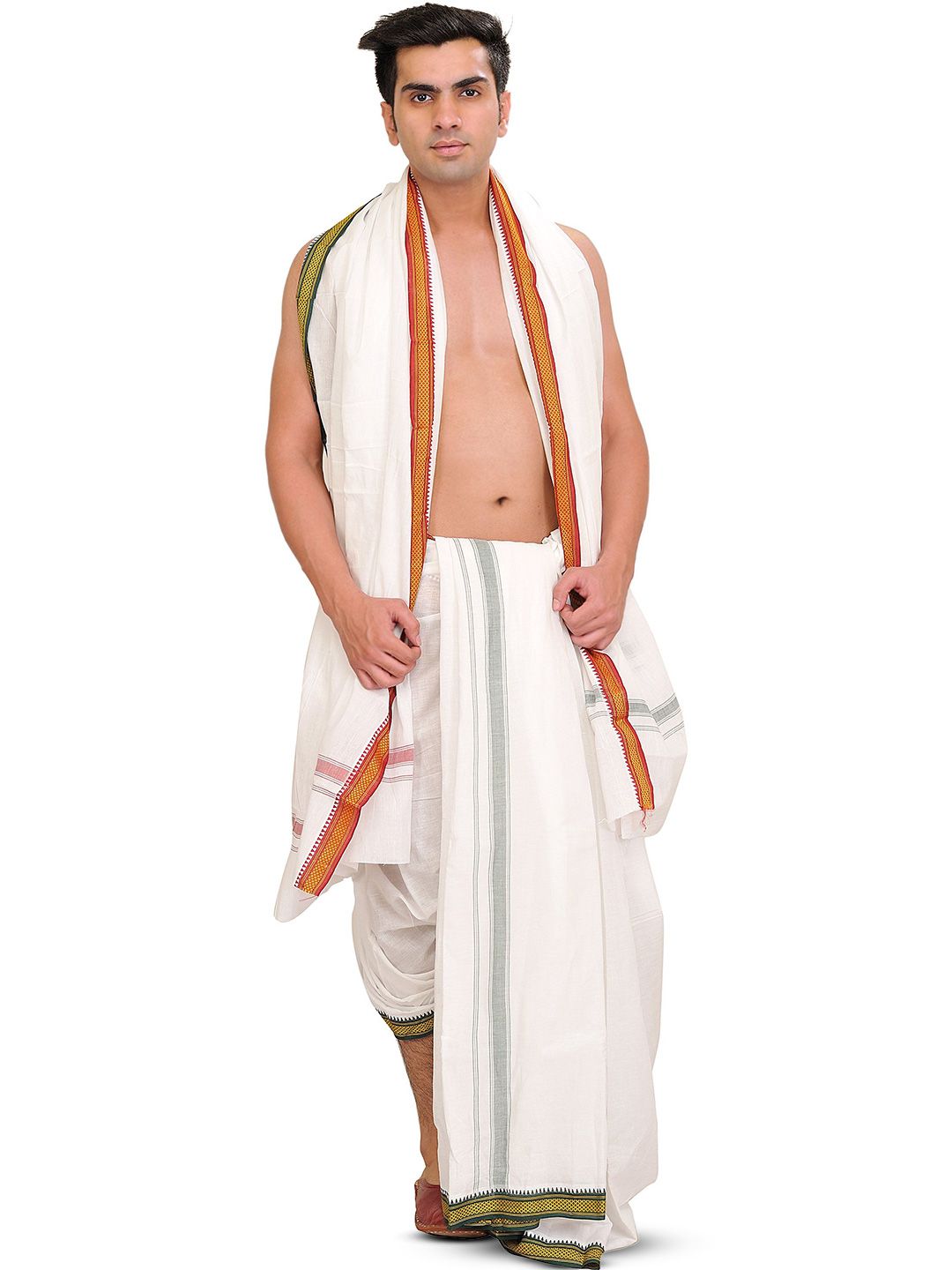 Exotic India Pure Cotton Egret-White Dhoti and Angavastram Set with Zari Weave on Border-image-2