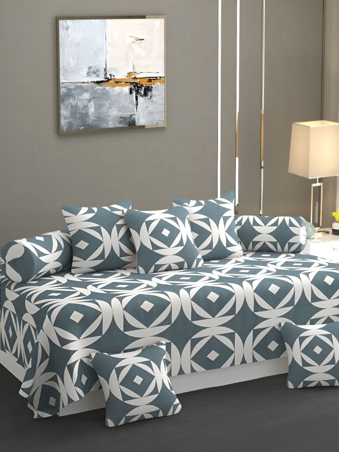 Aura 8Pcs White & Grey Printed Cotton Diwan Set-picture-31