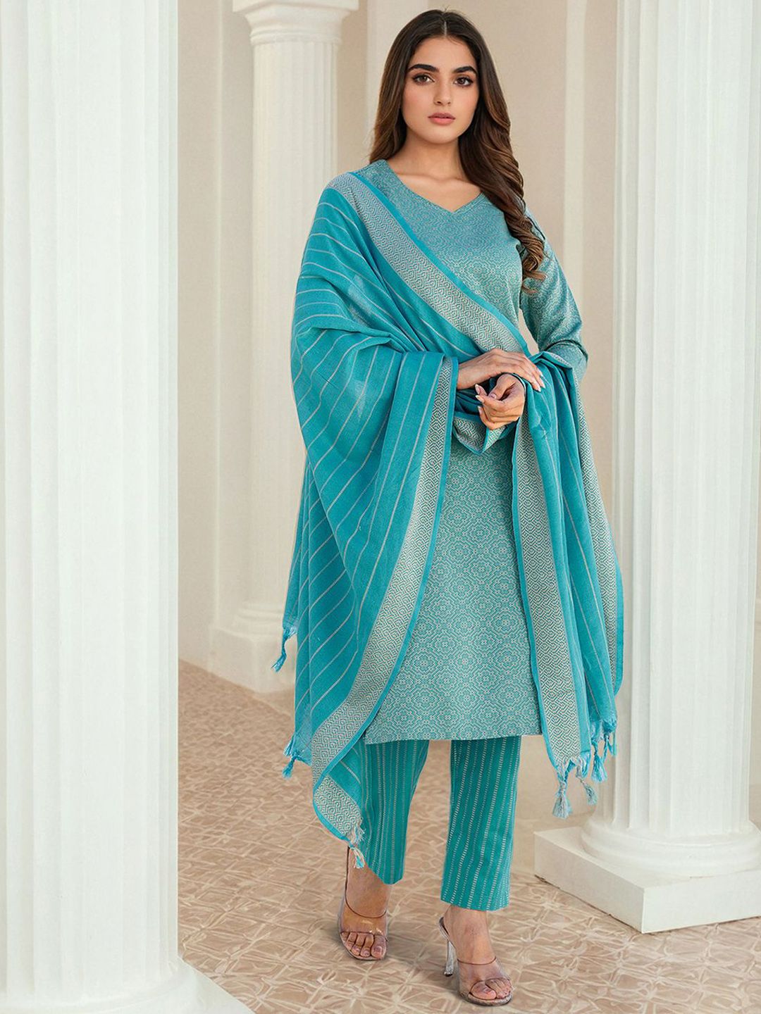 SANISA Ethnic Motifs Woven Design Sequnnied Straight Kurta With Trousers & Dupatta