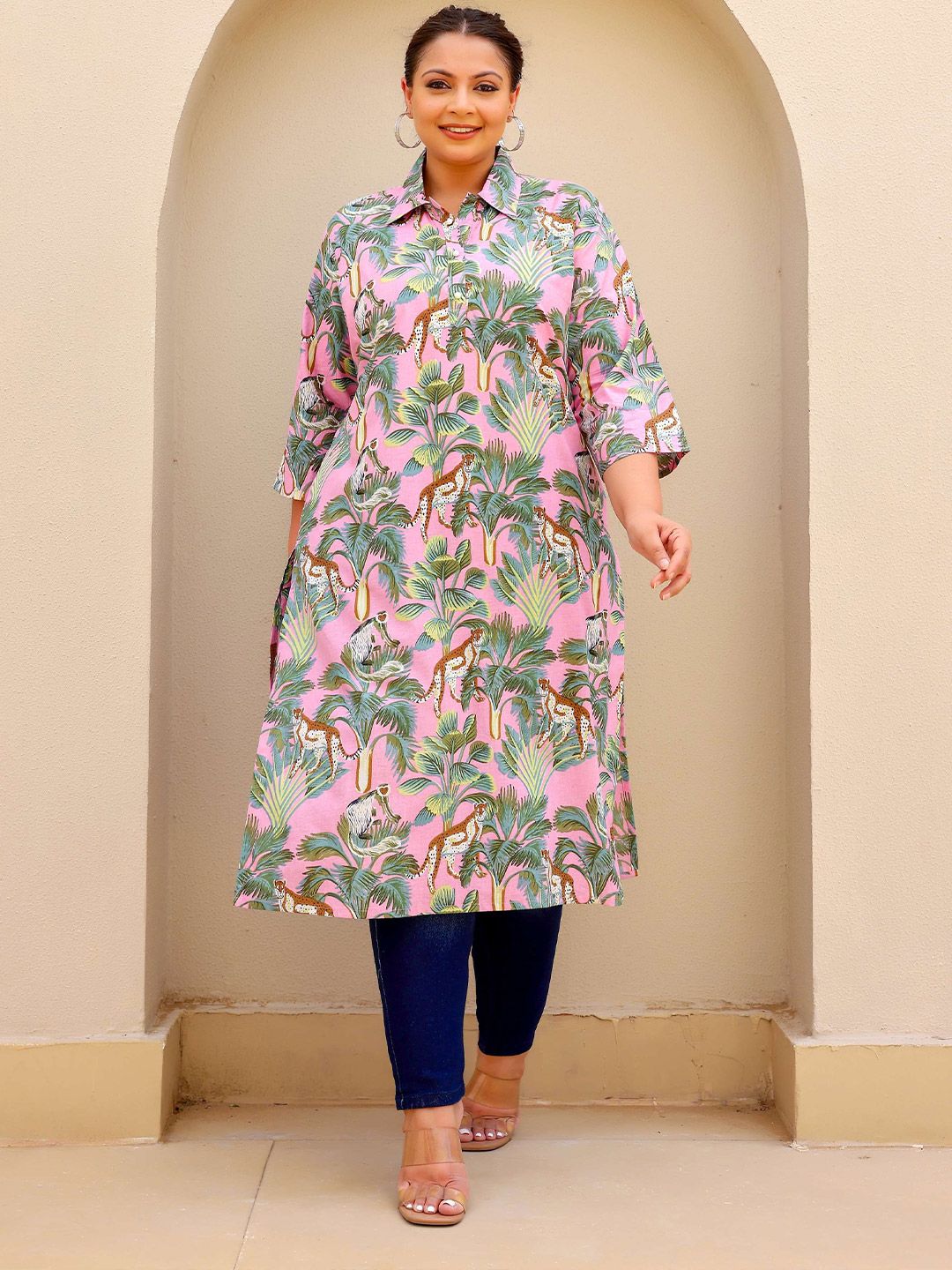 FLAVIA CREATION Plus Size Floral Printed Shirt Collar Straight Cotton Kurta-picture-22