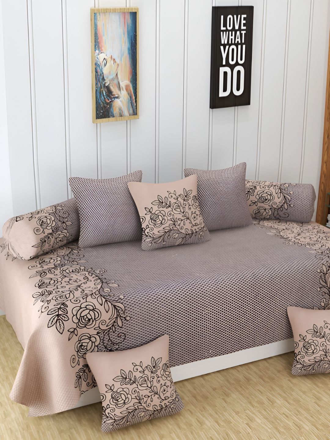 Aura 8 Pcs Beige & Brown Printed Cotton Diwan Set