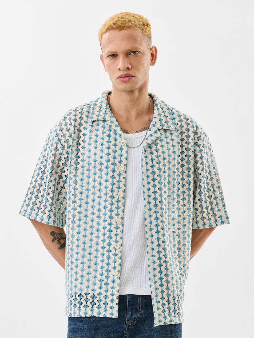 Snitch Men Relaxed Fit Textured Cuban Collar Casual Shirt-picture-16