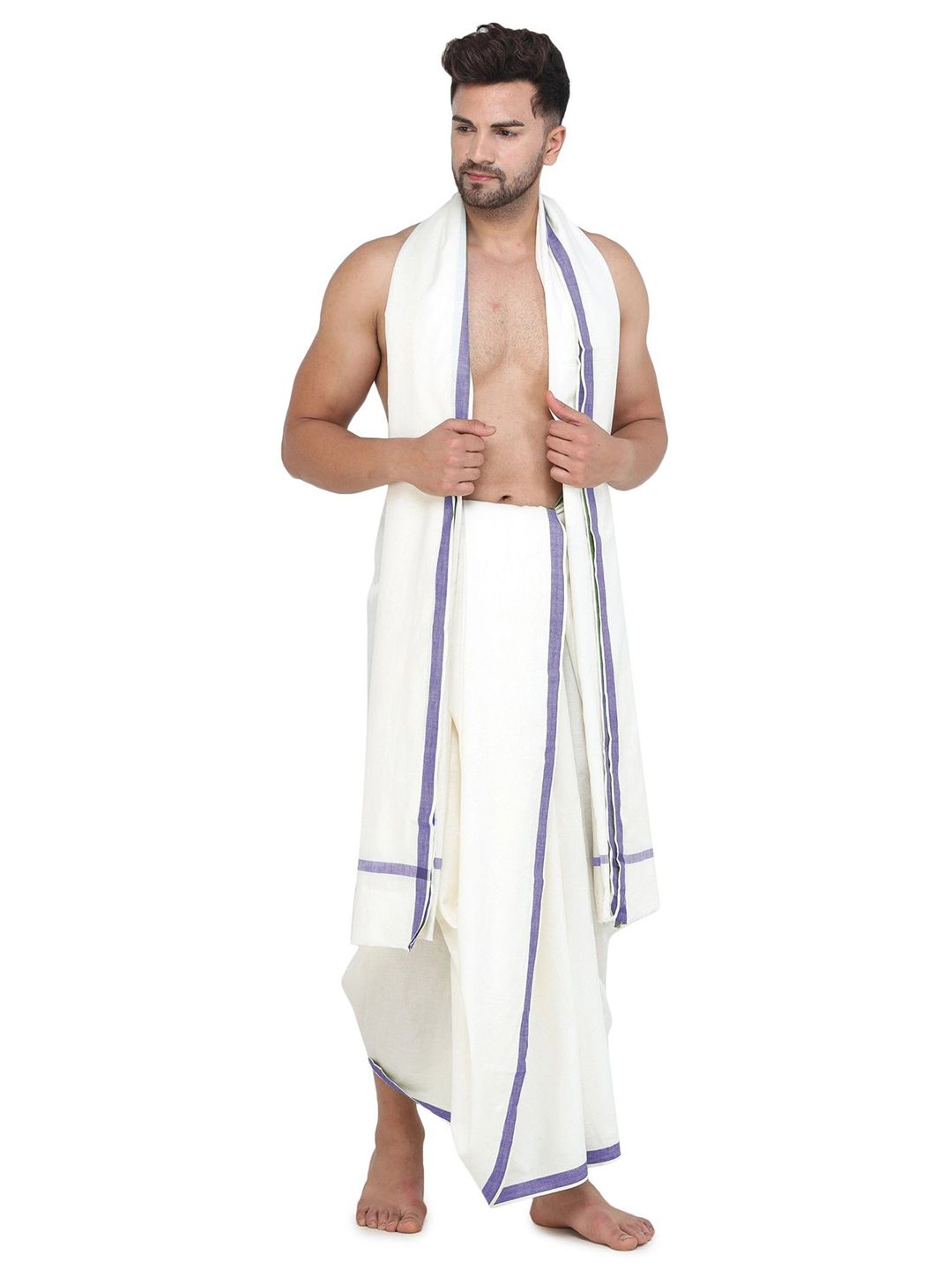Exotic India Men Pure Cotton Plain Dhoti and Angavastram Set with Striped Border-picture-21