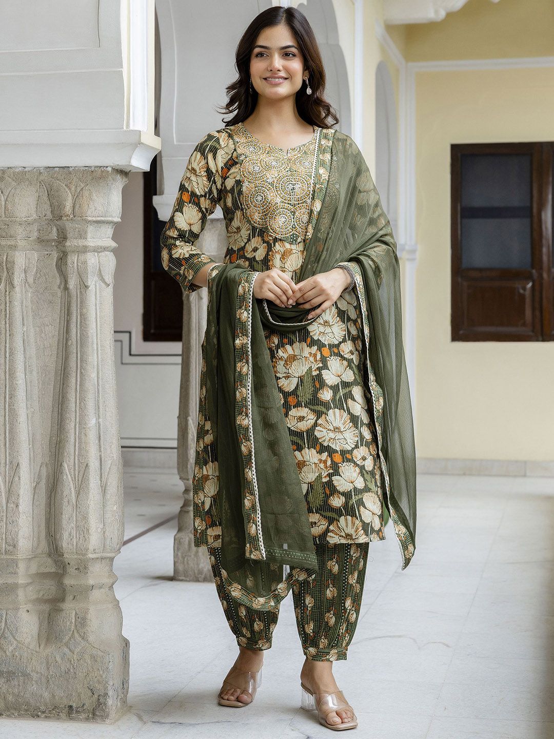 EthniFlair Floral Embroidered Aari Work Pure Cotton Kurta With Patiala And Dupatta