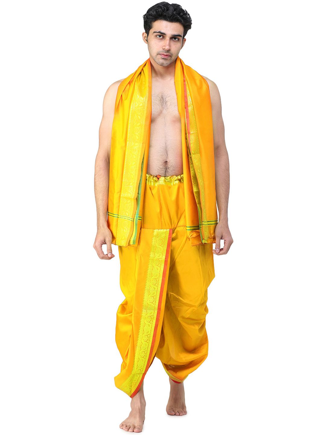 Exotic India Men Art Silk Ready to Wear Dhoti and Angavastram Set with Woven Golden Border-picture-29