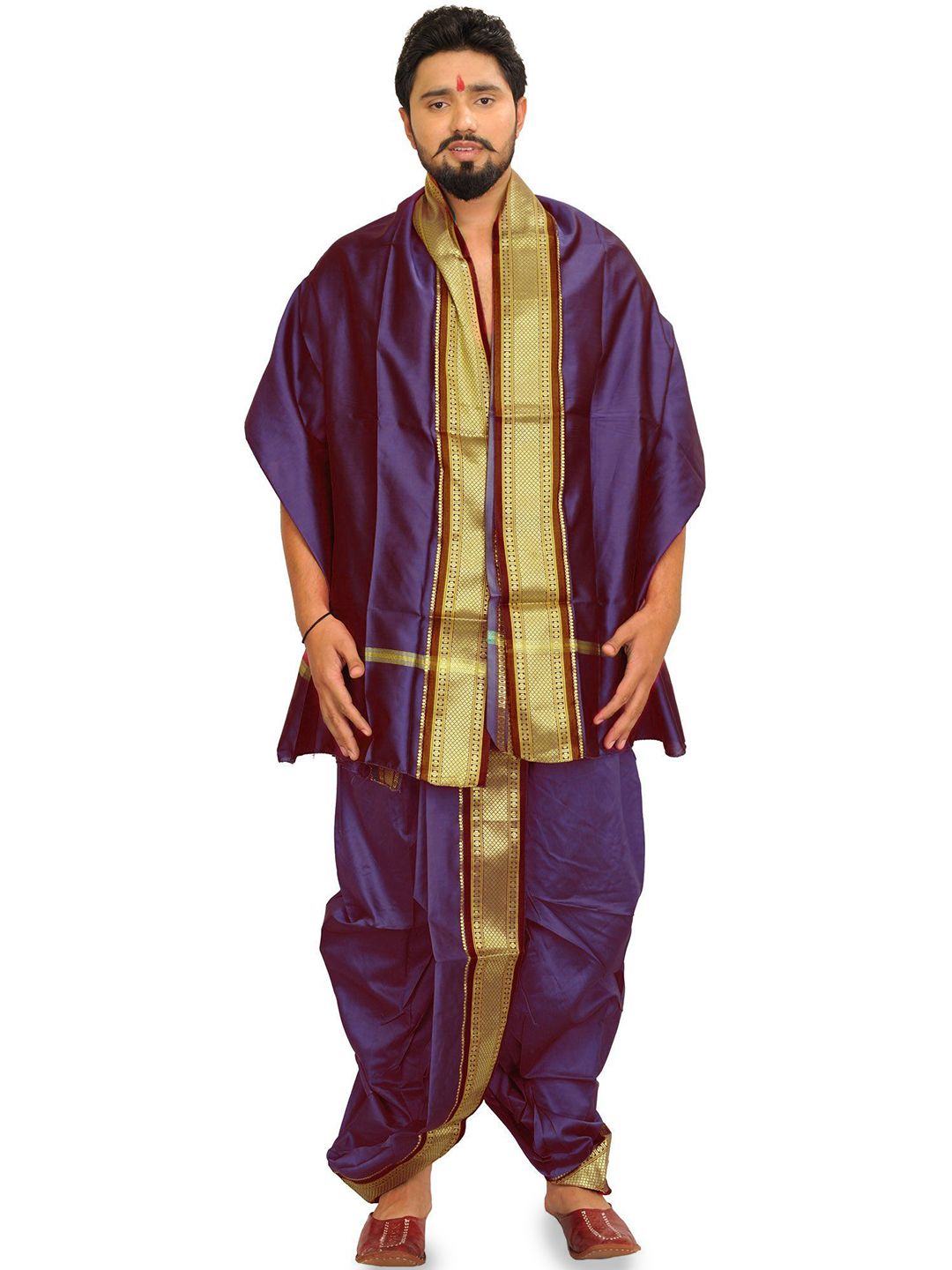 Exotic India Men Ready to Wear Dhoti and Veshti Set with Woven Golden Border-picture-39