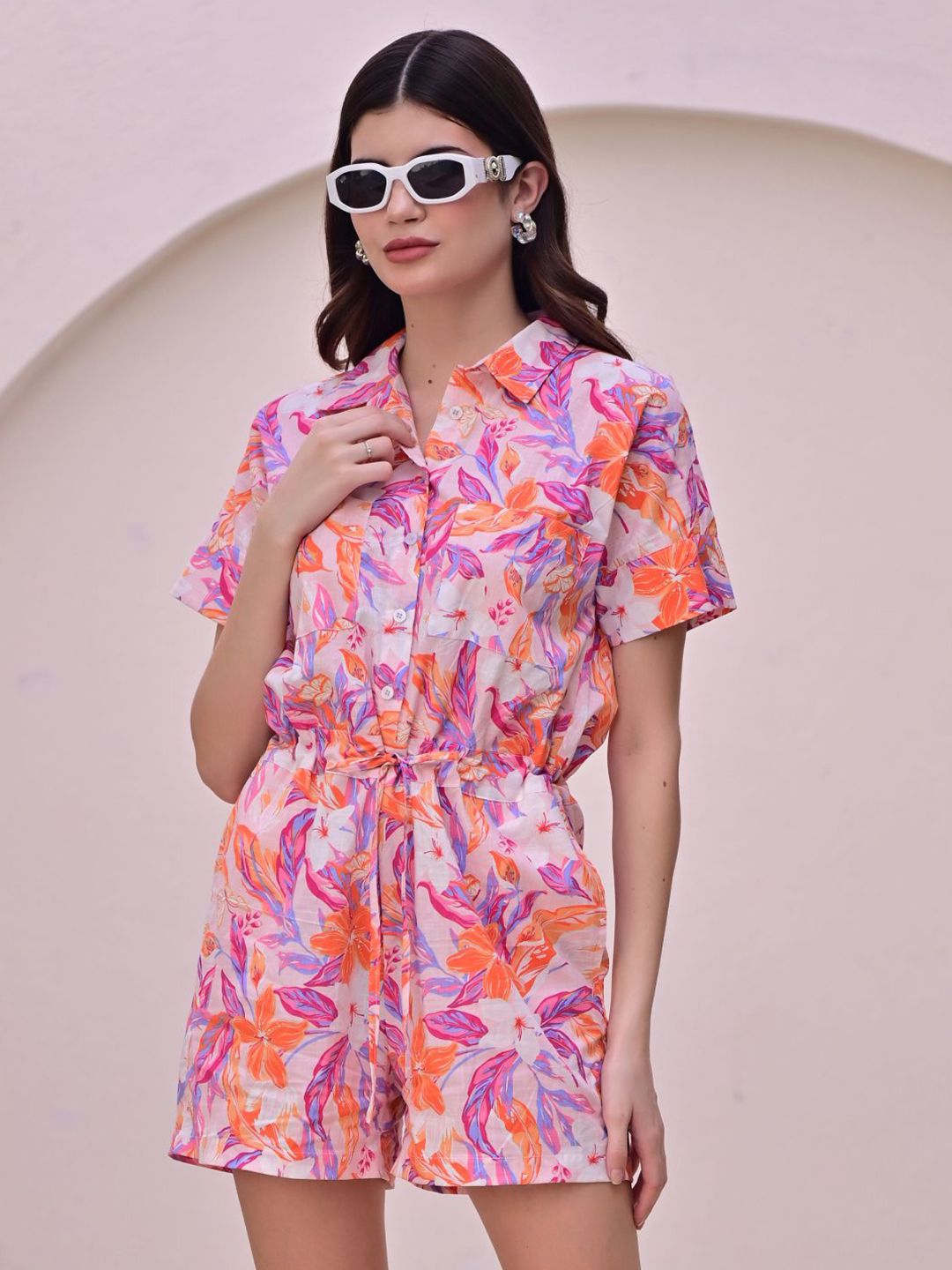 DL Woman Floral Printed Shirt Collar Jumpsuit-image-3